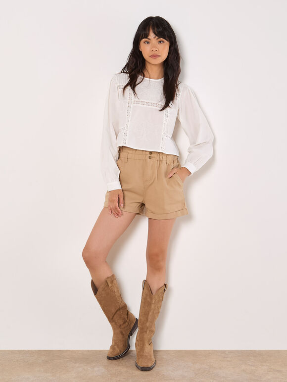 Ruched Denim Rolled Hem Shorts, Stone, large