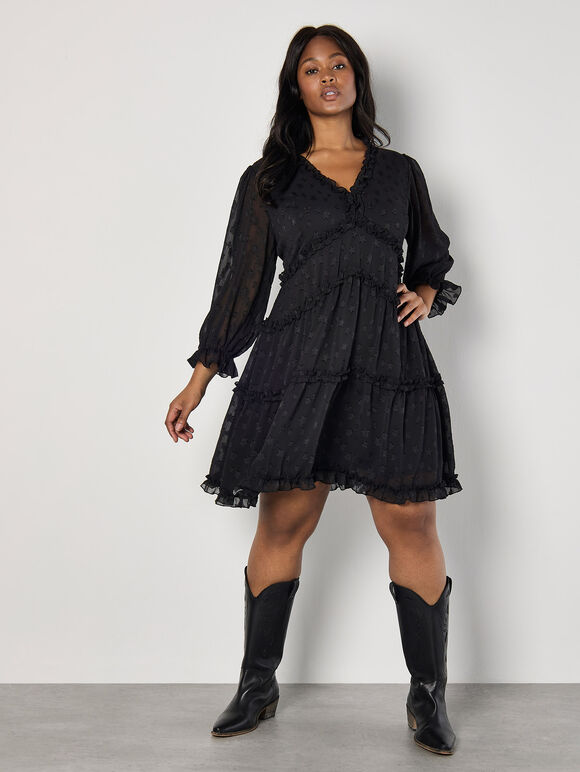 Curve Jacquard Star Chiffon Mini Dress, Black, large