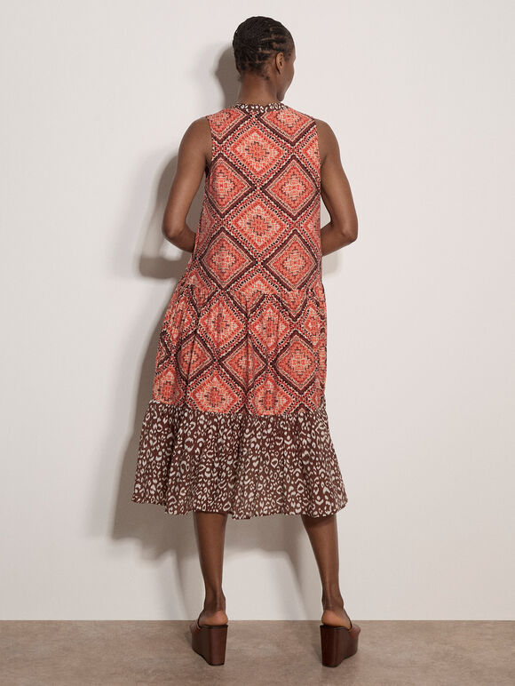 Geometric Patchwork Tiered Midi Dress, Orange, large