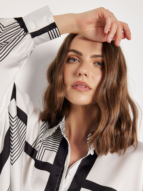 Graphic Squares Oversized Satin Shirt, Cream, large