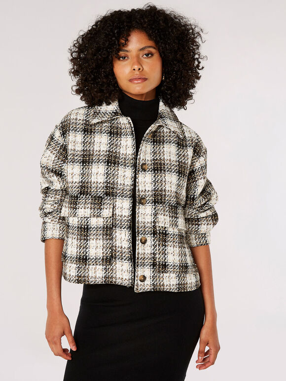 Woven Textured Check Shacket, Brown, large