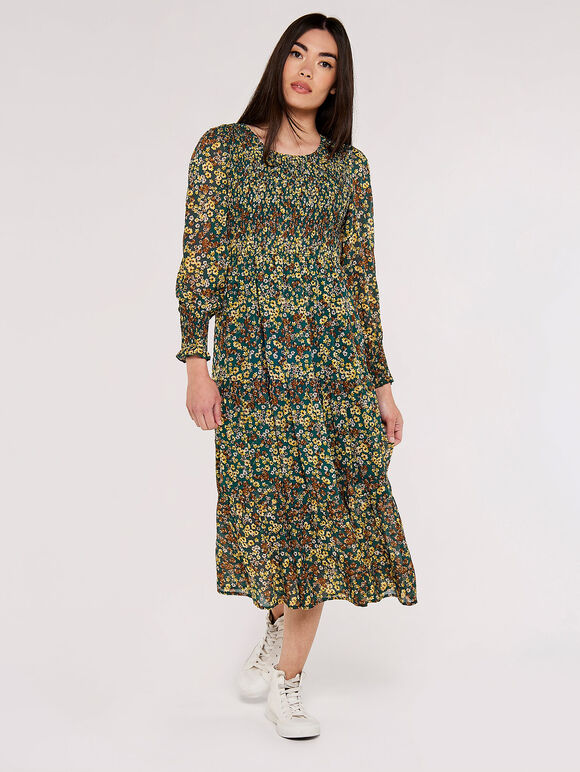 Daisy Spritz Smock Dress, Green, large