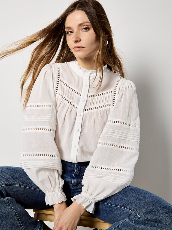 Lace Insert Ruffle Blouse, White, large