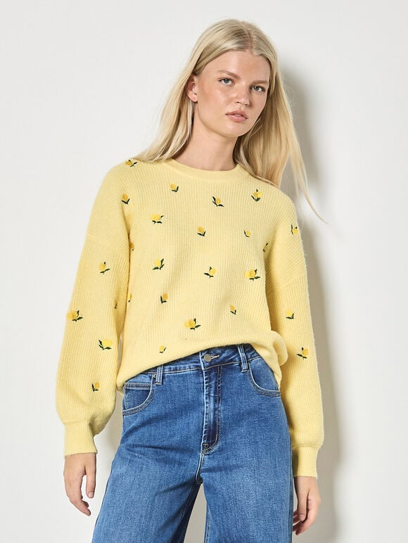 Embroidered Lemon Jumper, Yellow, large