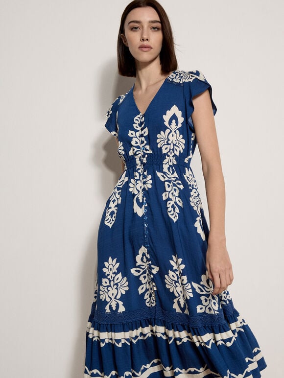 Folk Floral Midi Dress, Blue, large