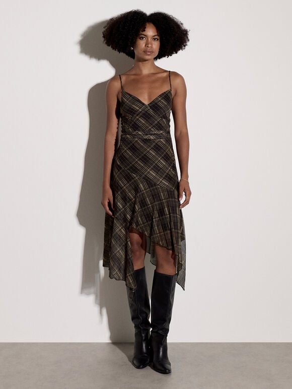 Check Mesh Cami Midi Dress, Black, large
