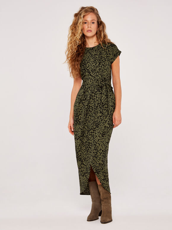 Abstract Print Crepe Wrap Dress, Khaki, large