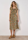 Ditsy Floral Print Milkmaid Midi Dress, Khaki, large
