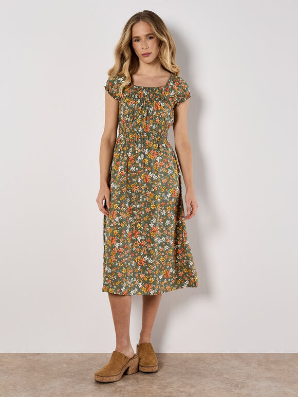 Ditsy Floral Print Milkmaid Midi Dress, Khaki, large