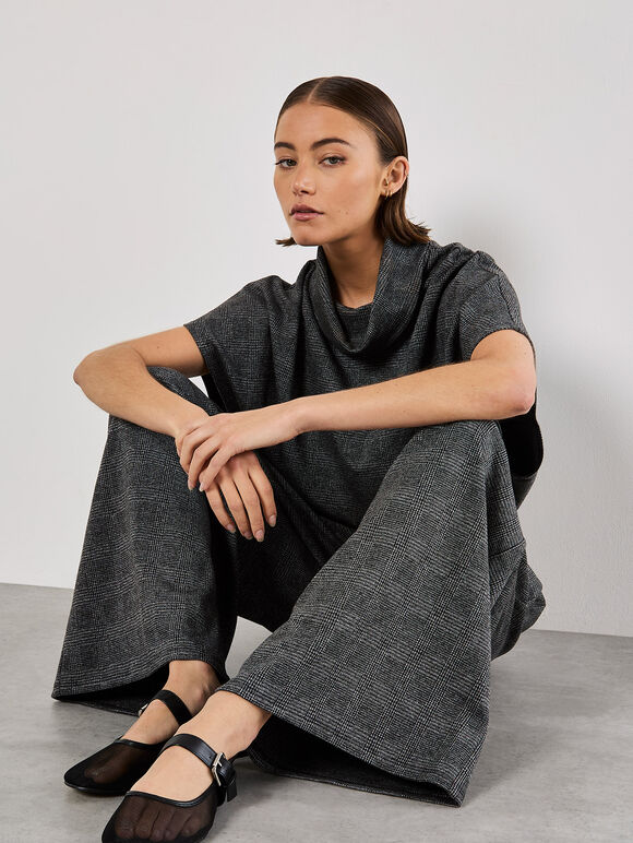 Check Print Wide Leg Trousers, Grey, large