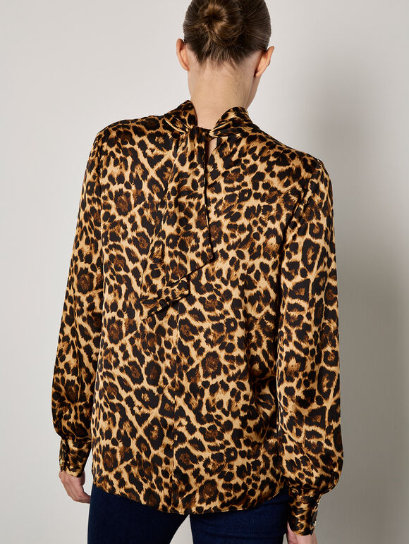 Leopard Print Satin Blouse, Brown, large