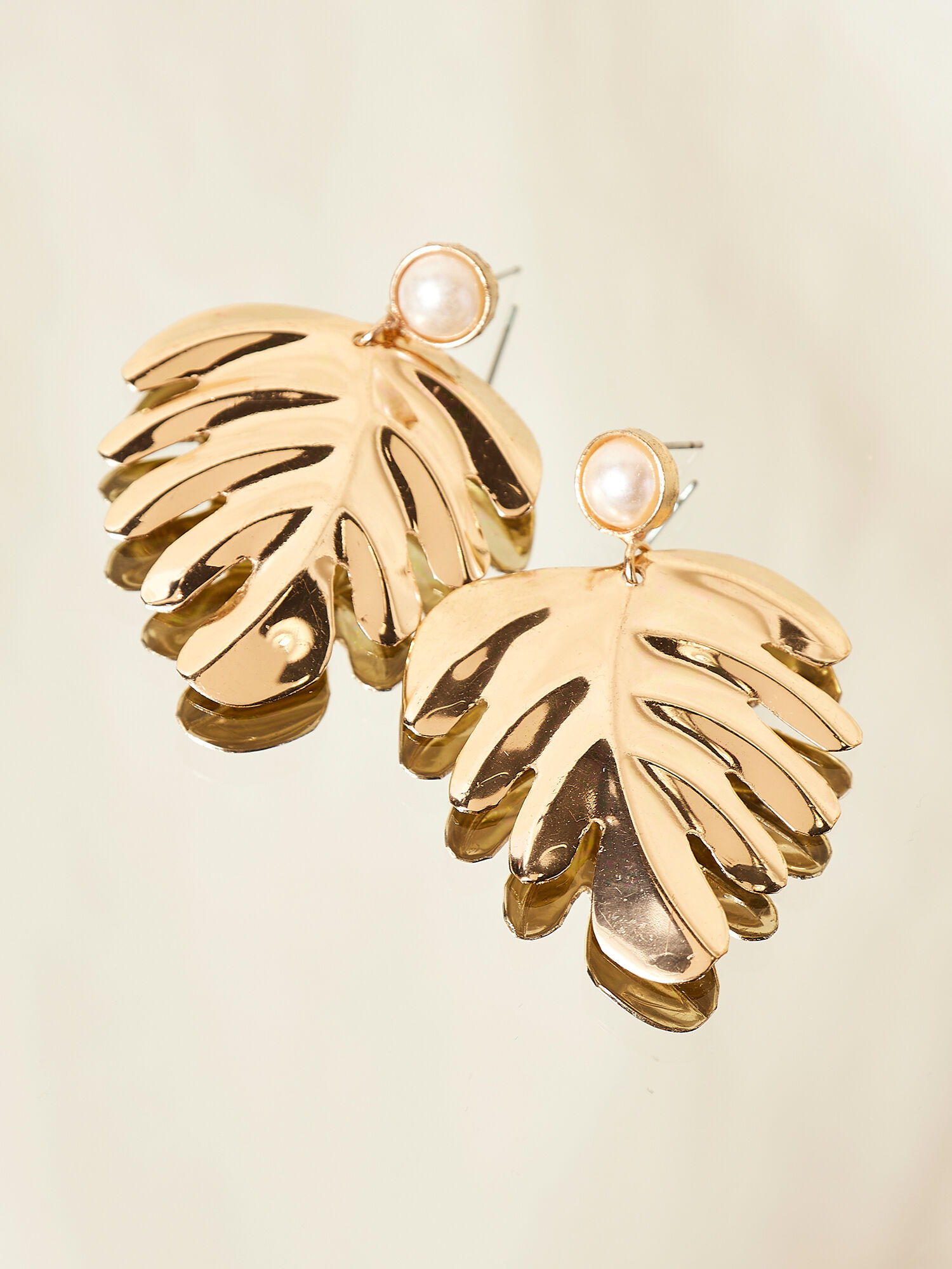 Gold Tropical Leaf Pearl Earrings Apricot Clothing