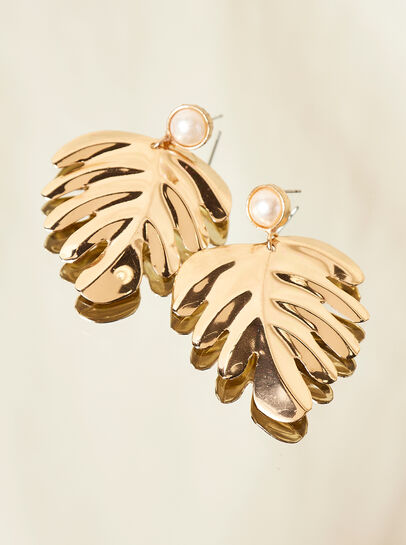 Gold Tropical Leaf Pearl Earrings