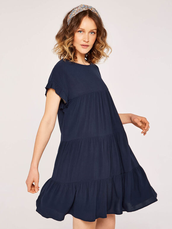 Ruffle Sleeve Detail Tiered Dress, Navy, large