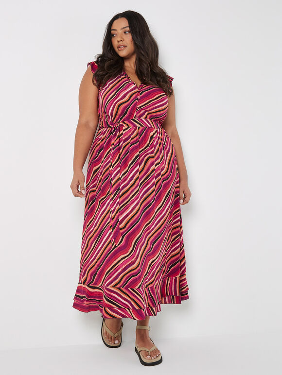 Curve Retro Wave Ruffle Maxi Dress, Pink, large