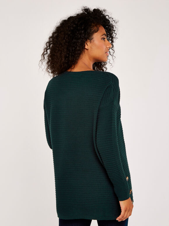 Asymmetric Zip Side Rib Knit Jumper, Green, large