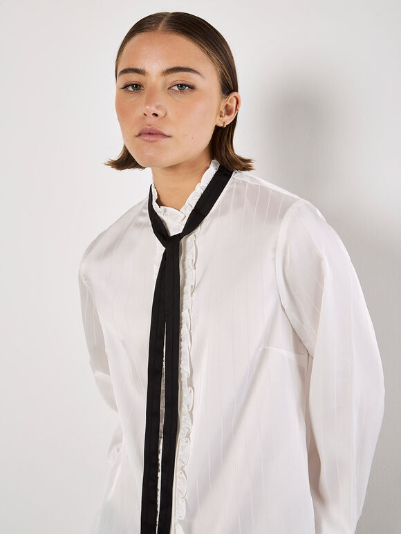 Bow Neck Ruffle Shirt, White, large