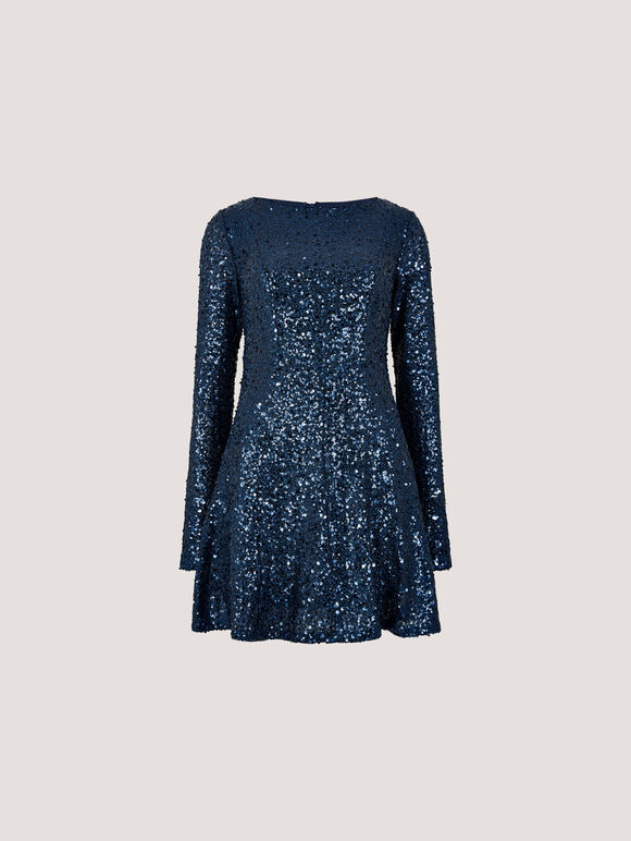 Sequin Embellished Skater Mini Dress, Teal, large