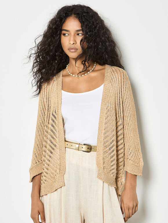 Gold Shimmer Open Knit Cardigan, Mustard, large