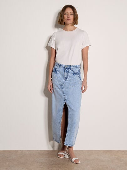 Amara Pearl Embellished Denim Midi Skirt
