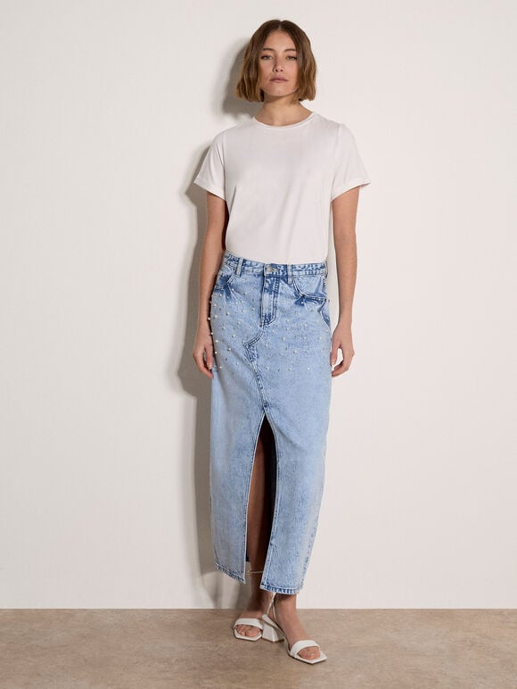 Amara Pearl Embellished Denim Midi Skirt, Sky Blue, large