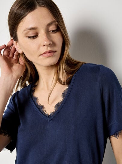 Slub Jersey Eyelash Lace T-Shirt