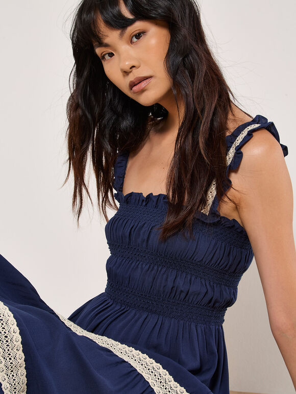 Crochet Lace Tiered Midi Dress, Navy, large