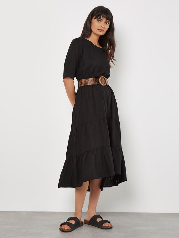 Linen Blend Tiered Midi Dress, Black, large