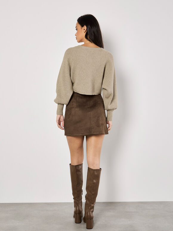 Suedette A-Line Mini Skirt, Brown, large