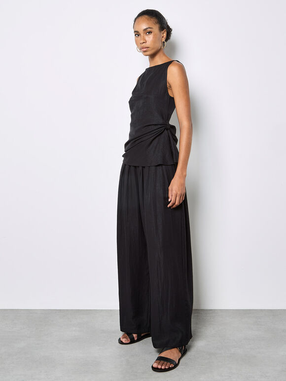 Side Knot Woven Top, Black, large