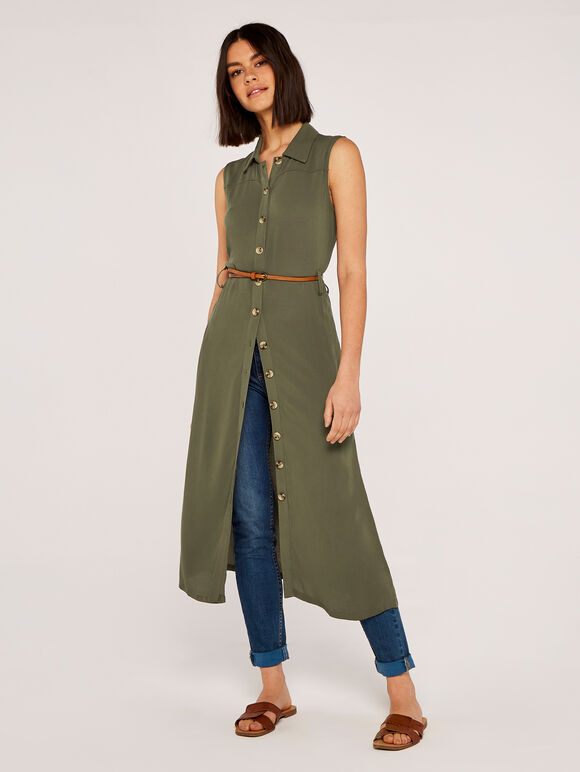 Utility Sleeveless Midi Shirt Dress, Khaki, large