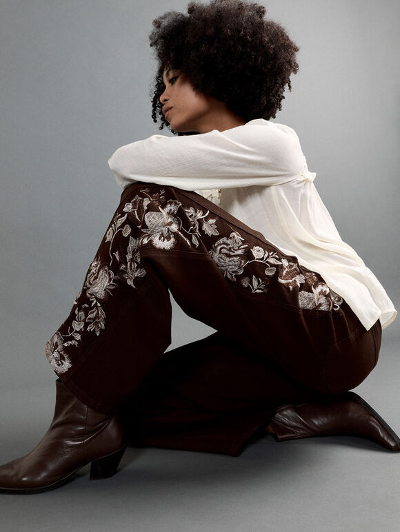 Floral Embroidered Wide-Leg Jeans, Brown, large