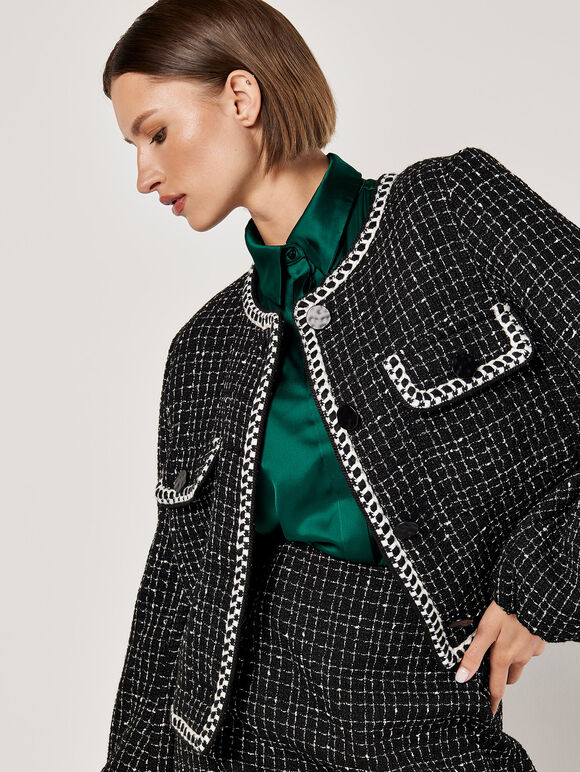 Tweed Cropped Jacket, Black, large