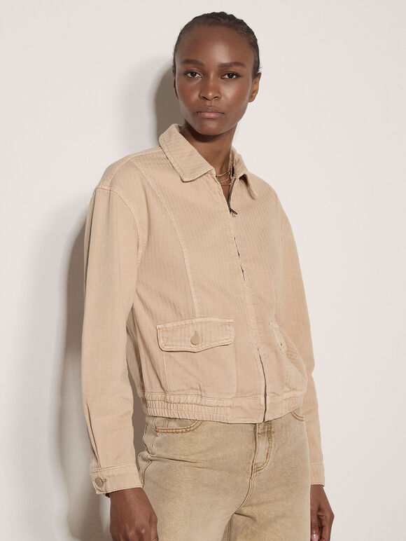 Herringbone Cotton Bomber Jacket , Stone, large