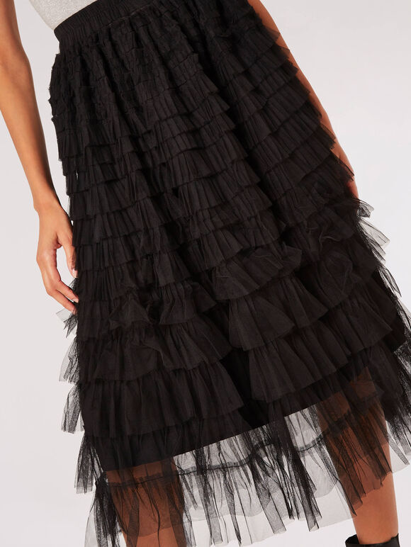 Tulle Layered Midi Skirt, Black, large