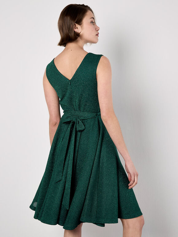 Metallic Pleat Skater Mini Dress, Green, large