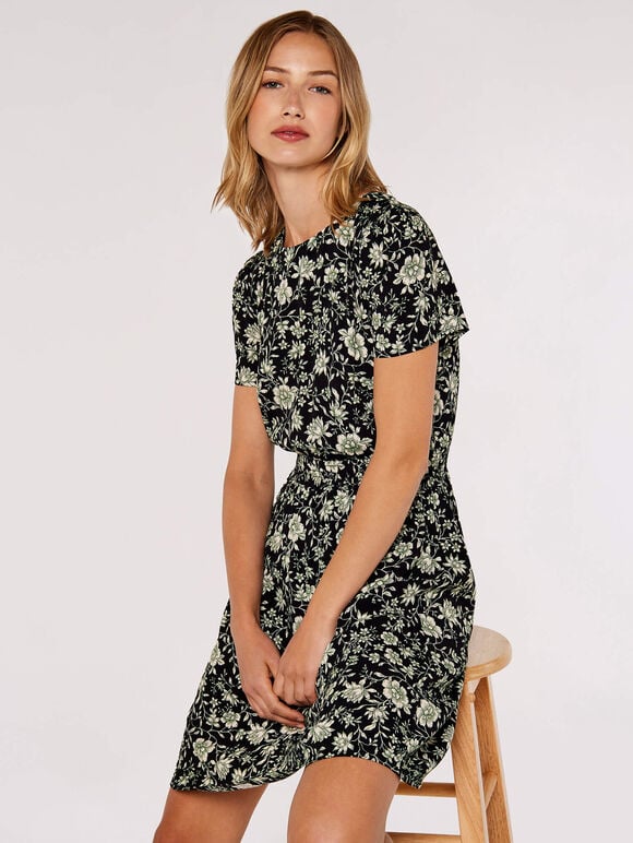 Floral Smock Waist Dress, Black, large