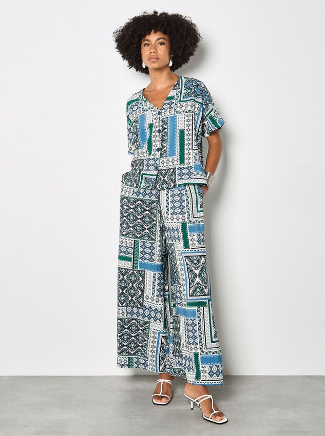 Folk Patchwork Wide Leg Trousers, Blue, large