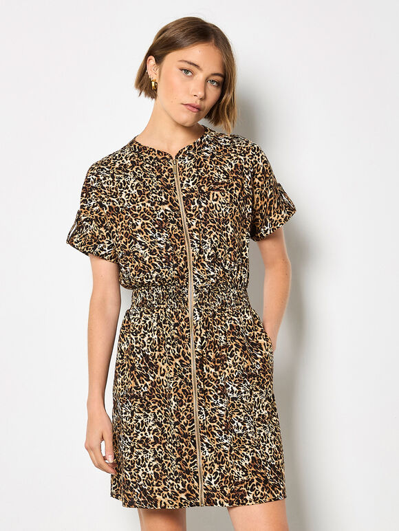 Leopard Print Zip-Down Mini Dress

, Brown, large