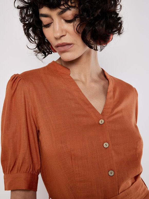 Button Down Linen Blend Midi Dress, Orange, large