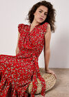 Floral Frill Wrap Midi Dress, Red, large