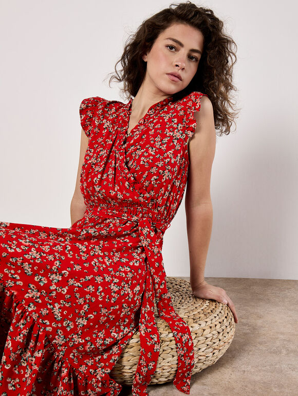 Floral Frill Wrap Midi Dress, Red, large