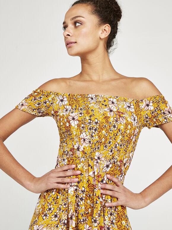 Summer Floral Bardot Midi Dress, Mustard, large