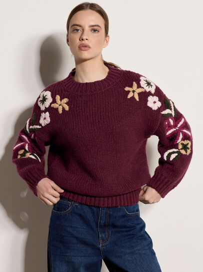 Embroidered Floral Sleeve Chunky Knit Jumper