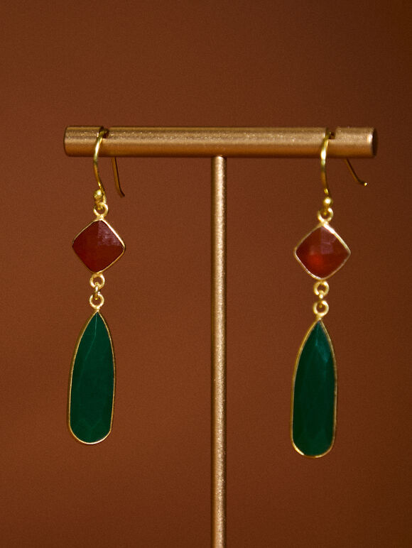 Gold Tone Stone Drop Earrings, Green, large
