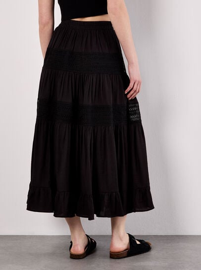 Crochet Panel Tiered Midi Skirt