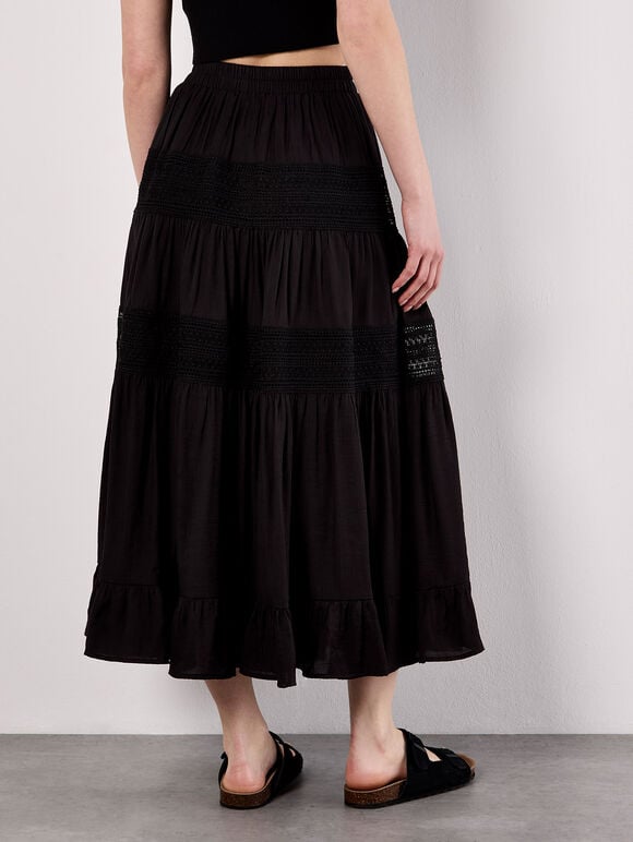 Crochet Panel Tiered Midi Skirt, Black, large