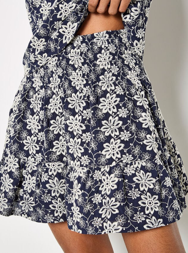 Floral Embroidered Mini Skirt, Navy, large
