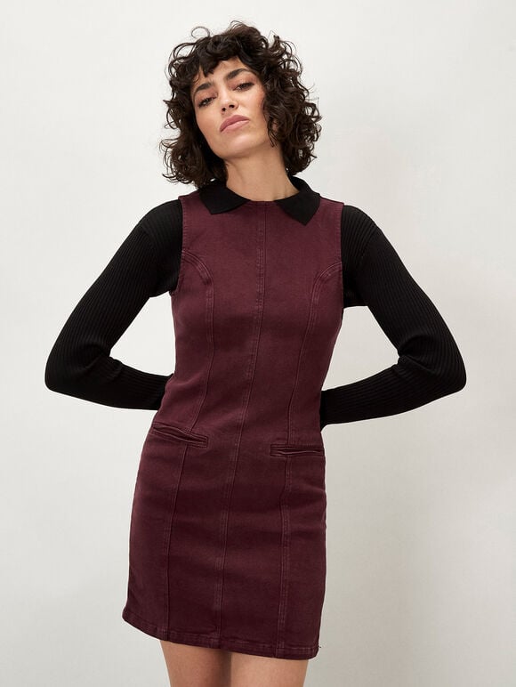 Denim Shift Mini Dress, Burgundy, large