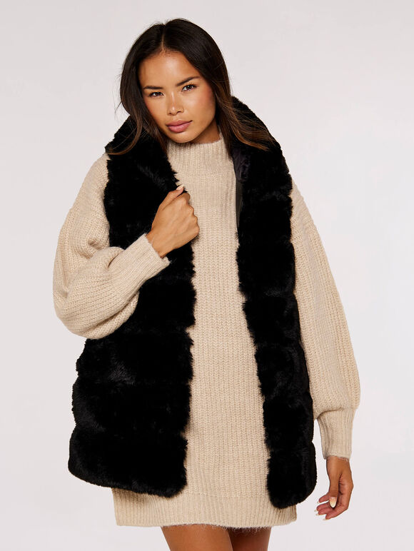 Tiered Fur Hooded Gilet, Black, large
